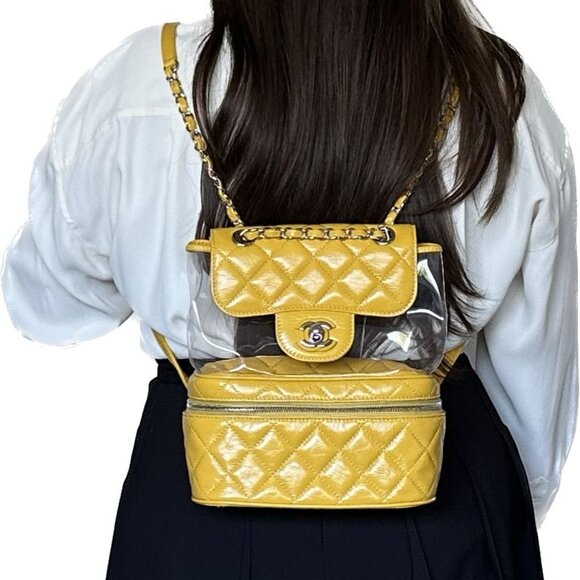 AUTHENTIC Chanel yellow crinkle leather and PVC Mini Backpack - Picture 2 of 14